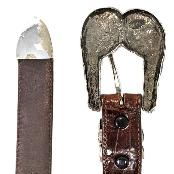 Vintage 90s Hartnell Belt Brown Alligator Grain Calfskin Leather Silver Buckle - Picture 4 of 13